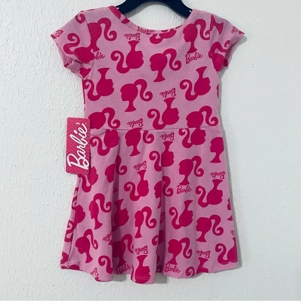 Barbie Toddler Girl’s Logo Print All Over Skater Dress Sz 2T-NWT Light/Dark Pink